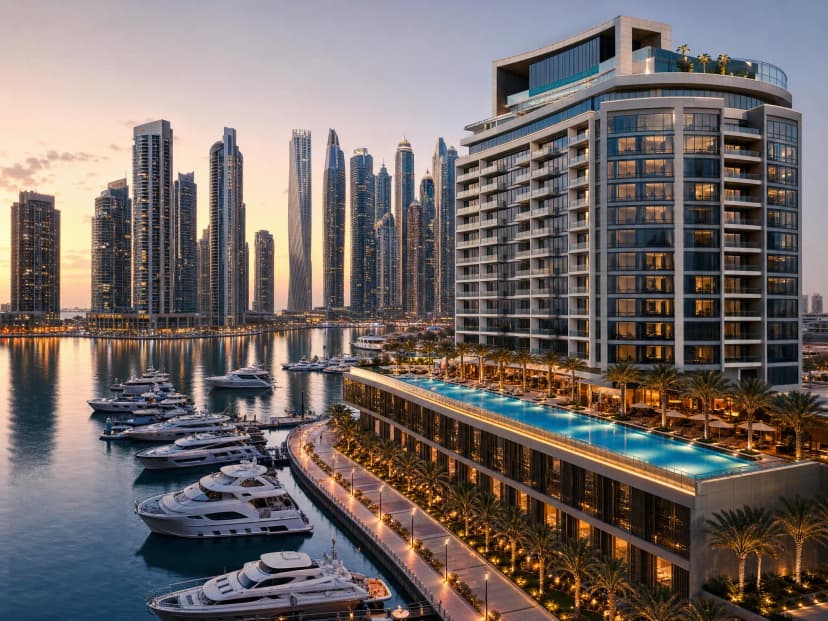 The Address Dubai Marina — стильный городской resort tower с marina promenade, яхтами и rooftop-pool atmosphere