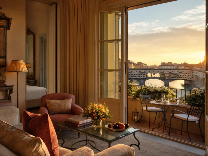 Portrait Firenze — бутик-люкс с видом на Арно и Ponte Vecchio в мягком золотом свете Флоренции