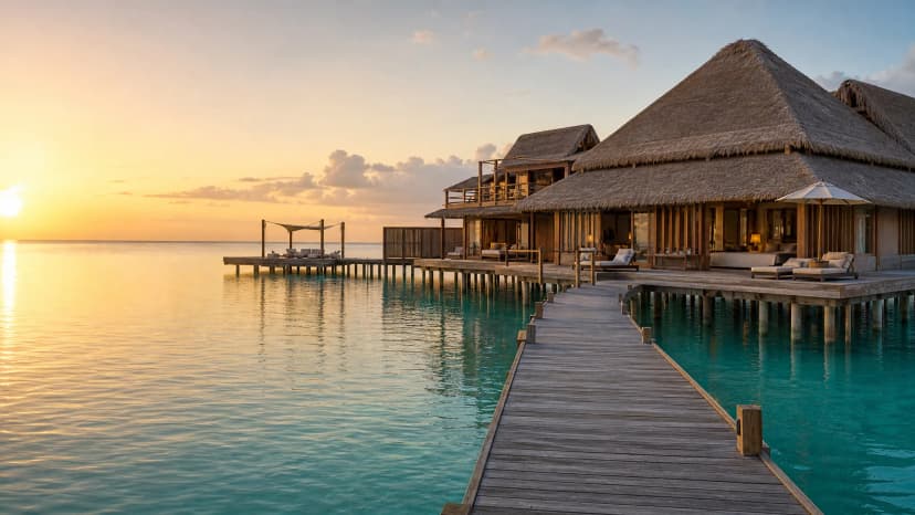 Gili Lankanfushi Maldives — iconic villa на сваях над стеклянной лагуной и длинный деревянный пирс