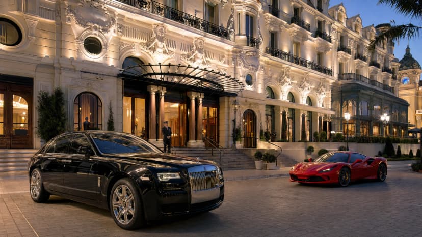 Hotel de Paris Monte-Carlo — фасад Belle Époque, grand entrance и luxury cars