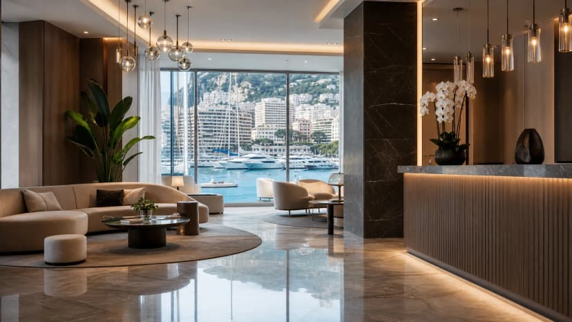 Novotel Monte Carlo — современный лобби с видом на порт Геркулес