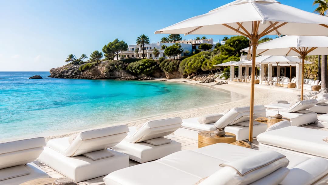 Испания — beach club в стиле Ибицы, бирюзовое море и белые лежаки