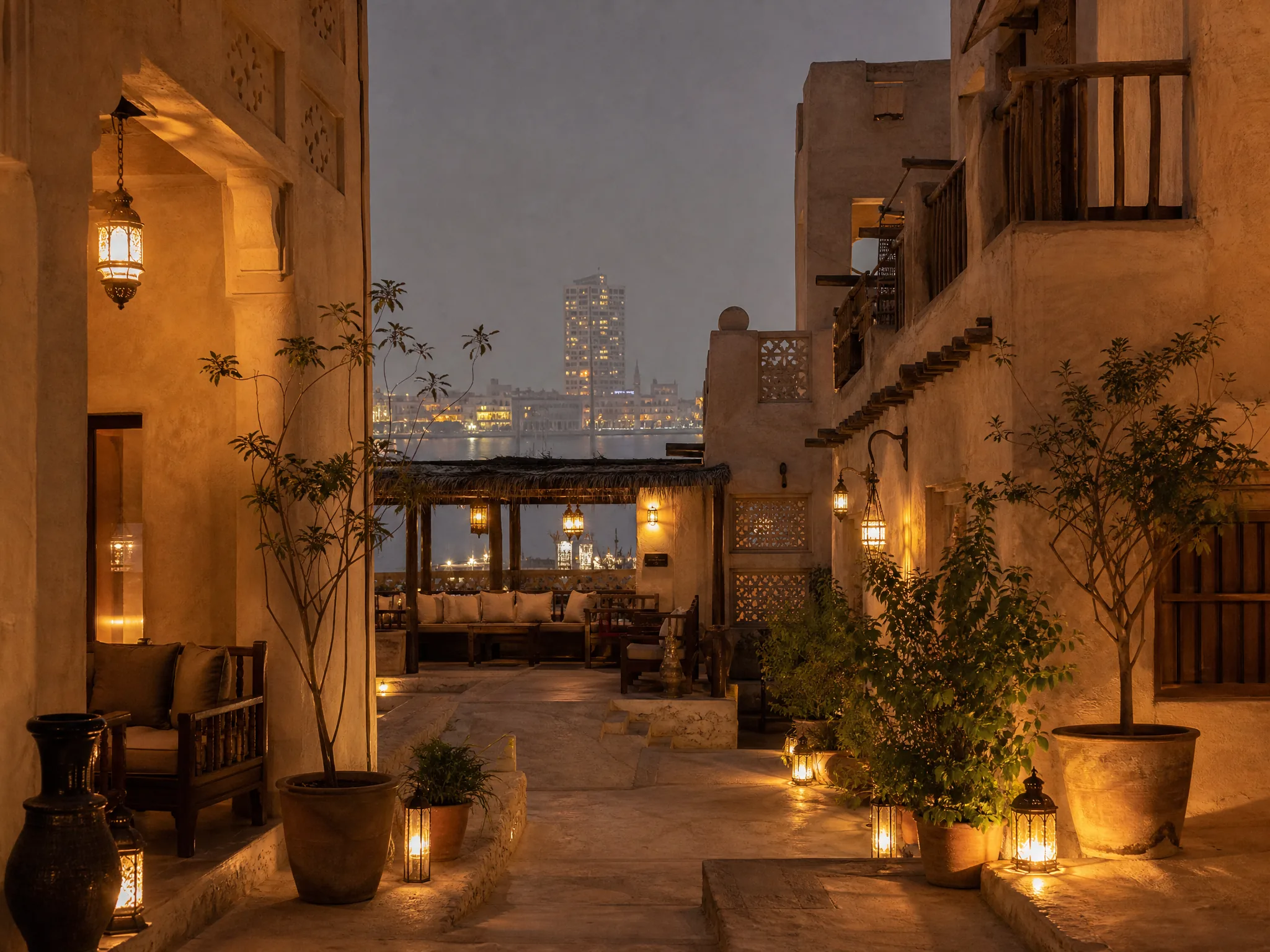 Al Seef Heritage Hotel — бутик-отель в историческом квартале Old Dubai с Arabian courtyard и теплой lantern mood