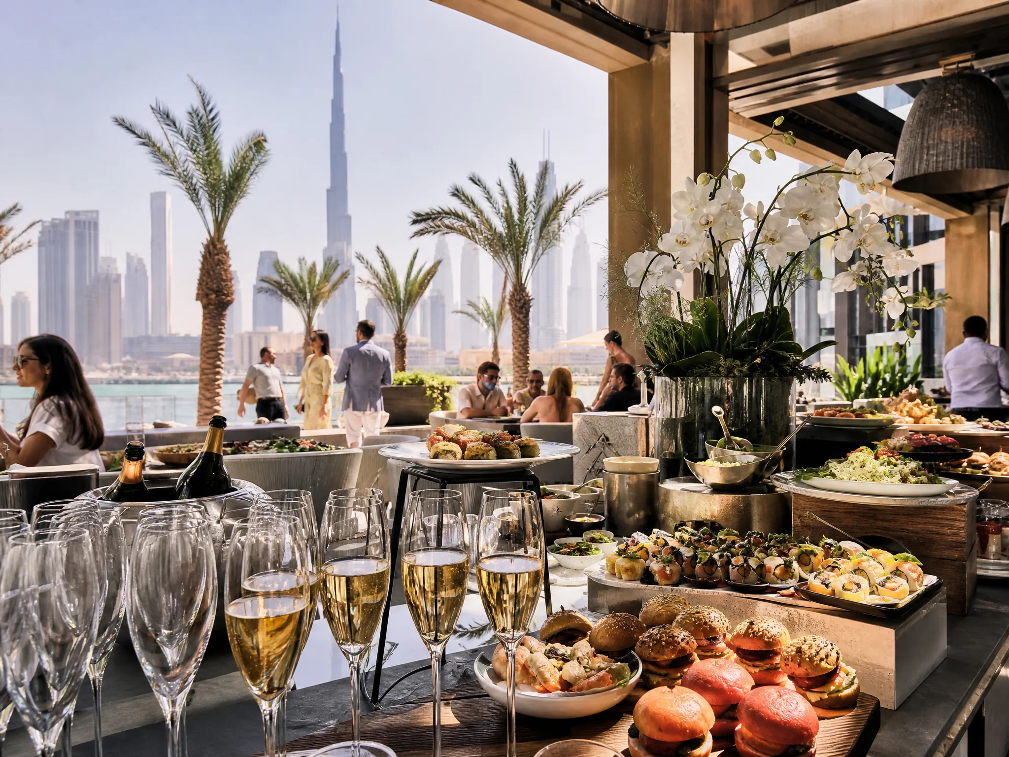 Бранч в пятницу — элегантный Dubai brunch на luxury hotel terrace с refined buffet и city resort atmosphere