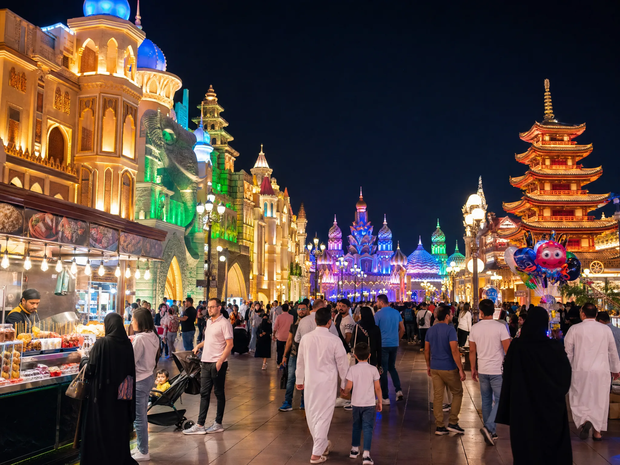 Глобальная деревня — ночной фестивальный парк с international pavilions, lights и family-friendly mood