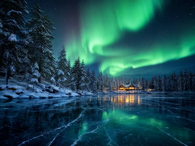 Северное сияние в Карелии — снежный лес, замёрзшее озеро и зелёная aurora